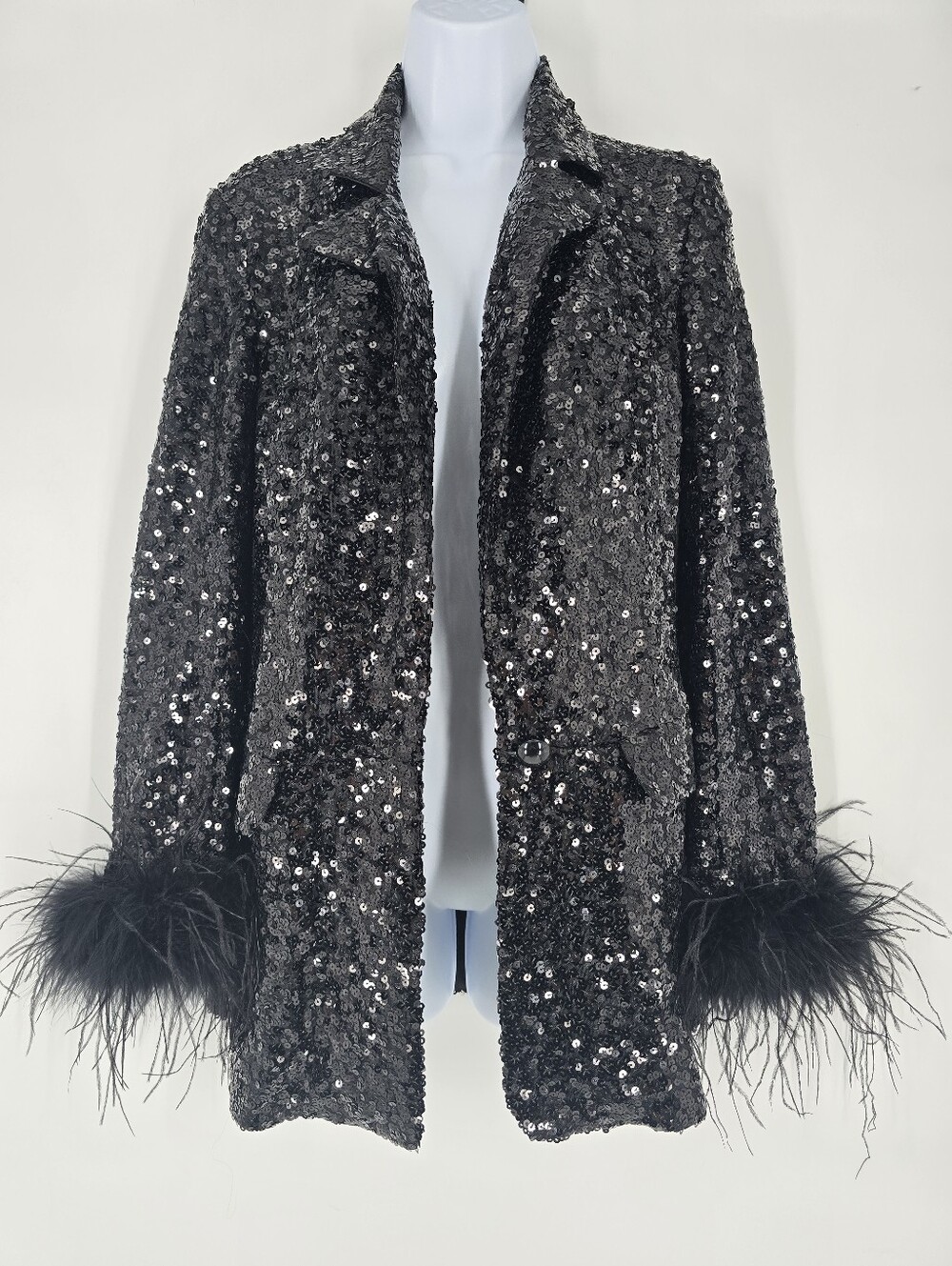 Hutch Black Sequin Fur Trim Long Blazer Size XS NEW